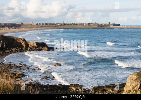 Coastal view towards Tynemouth from The Leas, South Shields, north east England, UK Stock Photo