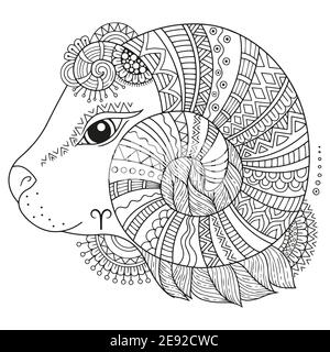 Vector coloring book for adults. Silhouette of sheep isolated on white background. Zodiac sign aries. Stock Vector