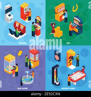 Claw crane and video games amusement slot machines 4 isometric icons square banner abstract isolated vector illustration Stock Vector