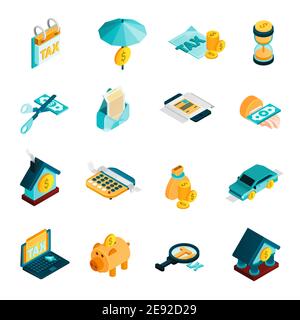 Tax isometric icons set with bank and money symbols isolated vector illustration Stock Vector