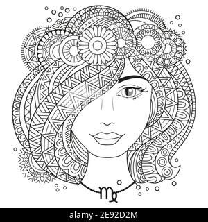 Vector coloring book for adults. Silhouette of woman isolated on white background. Zodiac virgo. Stock Vector