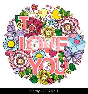 Round Abstract background made of flowers, cups, butterflies, and birds. Ornamental design for Valentine s Day cards and wedding. Stock Vector