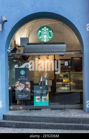 Starbucks coffee branch at Old Town Square on February 1st, 2021 in Prague, Czech Republic. Stock Photo