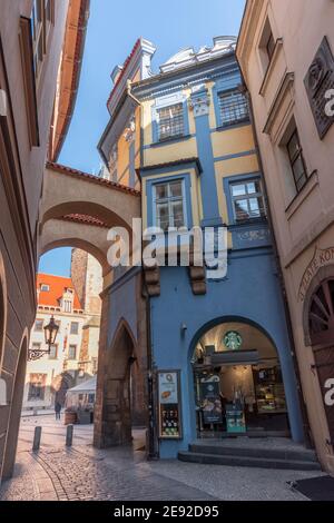 Starbucks coffee branch at Old Town Square on February 1st, 2021 in Prague, Czech Republic. Stock Photo