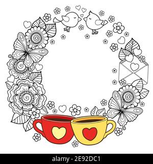 I love coffee and you. Round Abstract background made of flowers, cups, butterflies, and birds. Ornamental design for Valentine s Day cards and weddin Stock Vector