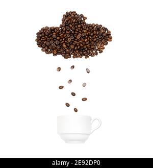 Coffee beans arranged in the shape of a raining cloud over a white cup Stock Photo