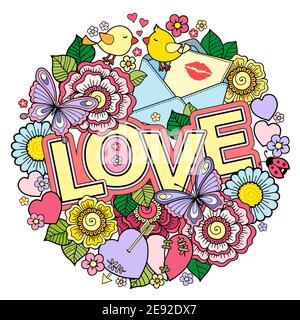 Valentine's Day card. Wedding invitetion. Round shape made of Abstract flowers, butterflies, birds kissing and the word love. Stock Vector