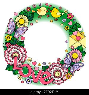 Valentine's Day card. Wedding invitetion. Round shape made of Abstract flowers, butterflies, birds kissing and the word love. Stock Vector