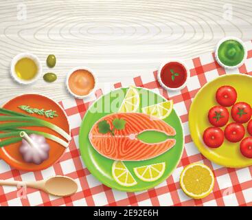 Flat lay cooking fish with tomatoes and lemon dish on checked tablecloth wood textured background vector illustration Stock Vector