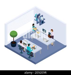 Coworking employees sharing working space sitting in modern business office together isometric banner design abstract vector illustration Stock Vector