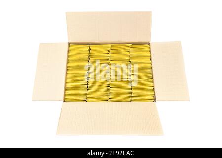 Open cardboard shipping box full of lined bubble envelopes isolated on white Stock Photo