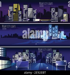 Night city lights nightscape 3 interactive horizontal banners set for  computer wallpaper or webpage abstract isolated vector illustration Stock Vector