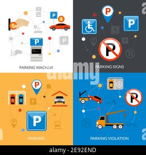 Icon isolated flat conceptual parking set with different aspects of parking process vector illustration Stock Vector