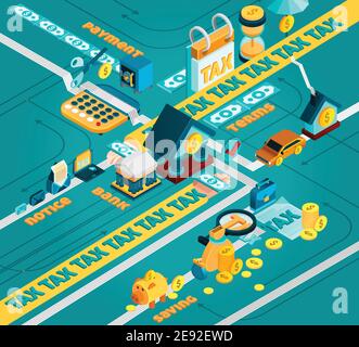 Tax isometric concept with tax calculation and payment symbols vector illustration Stock Vector