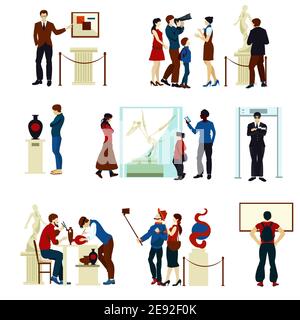 People in museum gallery flat color icons with visitors keeper sculptures pictures and working artists isolated vector illustration Stock Vector