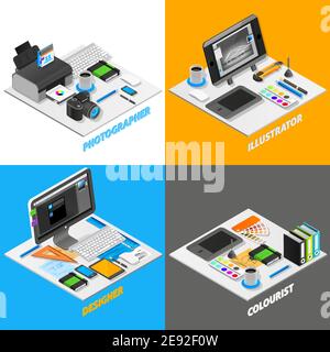 Graphic design concept isometric icons set with photography symbols isolated vector illustration Stock Vector