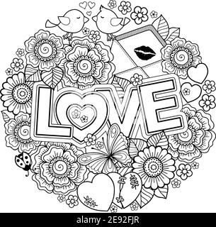 Vector coloring book for Adult. Design for wedding invitations and Valentine's Day of abstract flowers, hearts, envelope, arrow, heart, bird, kiss, bu Stock Vector