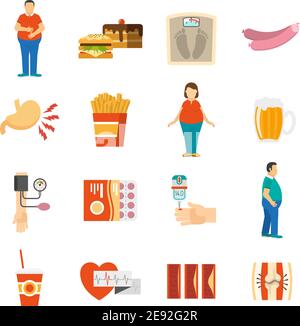 Collection color icons depicting factors and consequences of obesity with white background vector illustration Stock Vector