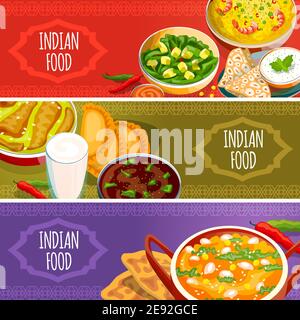 Indian food horizontal banners set with national dishes sauces and beverages isolated vector illustration Stock Vector