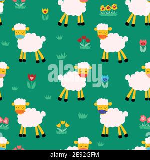 Seamless pattern with sheep on green background. Repeating kids vector background. Cute animal lamb illustration and flowers for fabric, textile Stock Vector