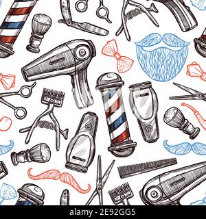 Barber shop tools accessories and symbols seamless pattern in red blue black doodle abstract vector illustration Stock Vector