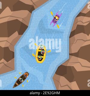 Rafting on river top view with three different boats following each other vector illustration Stock Vector