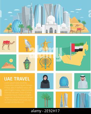 United arab emirates decorative icons set with traditional clothes and travel symbols of country isolated vector illustration Stock Vector