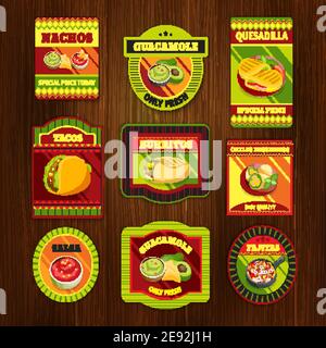 Mexican food bright colorful emblems of national dishes with meat spices on wooden background isolated vector illustration Stock Vector