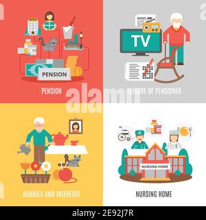 Pension hobbies and interests leisure of pensioner and nursing home 2x2 images set flat vector illustration Stock Vector