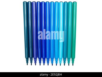 Set of blue colored marker pen on isolated background. Different shades of blue. Design and creativity concept Stock Photo