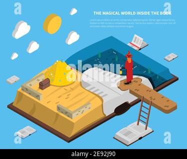 Magical world inside book isometry with treasures and sea at pages on blue background vector illustration Stock Vector