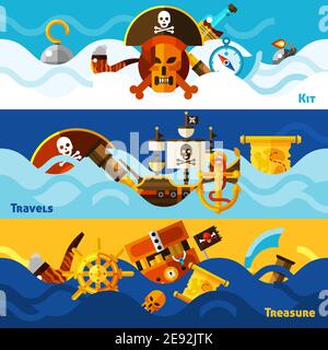 Pirates flat horizontal banners set with icons of kit for nautical travels sailboat with skull emblems in waves in cartoon style vector illustration Stock Vector