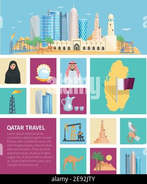 Qatar culture flat icon set with traditional objects symbols and nature in colored square frames vector illustration Stock Vector