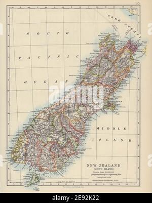 SOUTH ISLAND NEW ZEALAND. Showing counties. Telegraph cables. JOHNSTON 1910 map Stock Photo