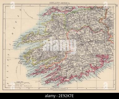 IRELAND SOUTH WEST. Kerry Cork Limerick Killarney. Munster. JOHNSTON 1901 map Stock Photo