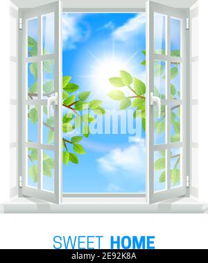 Open white window on bright sunny day realistic indoor view icon with green leaves outside vector illustration Stock Vector