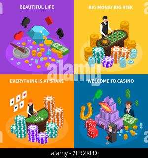 Casino 2x2 isometric design concept with game attributes croupier at poker game and roulette tables  and luck symbols vector illustration Stock Vector