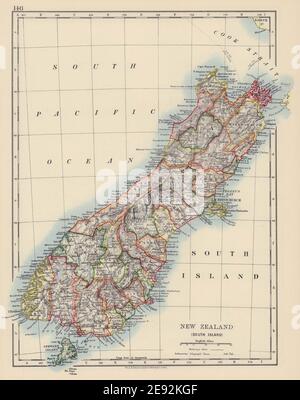 SOUTH ISLAND NEW ZEALAND. Showing counties. Telegraph cables. JOHNSTON 1901 map Stock Photo