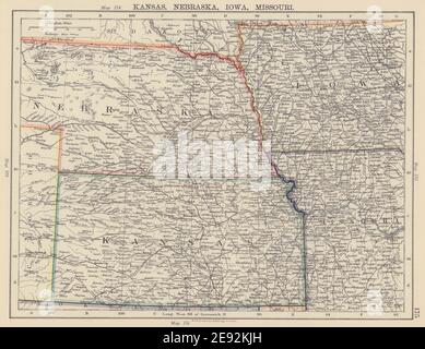 MIDWESTERN USA. Kansas Nebraska Iowa Missouri. Railroads. JOHNSTON 1901 map Stock Photo