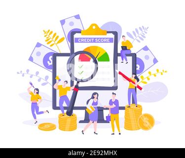 Credit score report with arrow gauge speedometer indicator with color levels on giant clipboard. Measurement from poor to excellent rating with tiny p Stock Vector