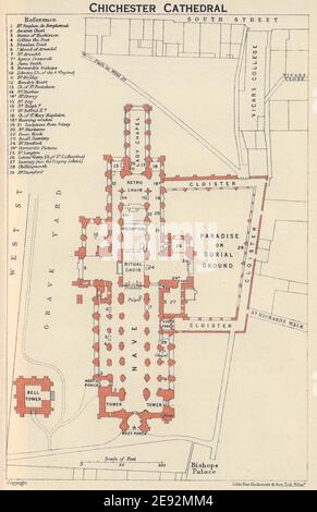 CHICHESTER CATHEDRAL floor plan. Sussex. BAEDEKER 1906 old antique map ...