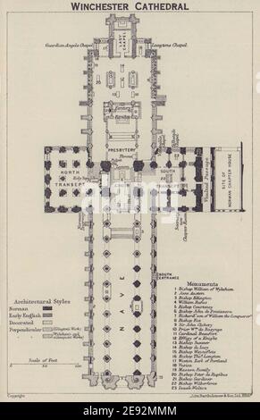 Winchester Cathedral ground floor plan. Hampshire 1920 old antique map chart Stock Photo