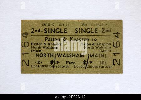 A 1960's 2nd Class Single rail ticket from Paston & Knapton to North Walsham (Main) on the former Mundesley-on-Sea to North Walsham branch line. Stock Photo