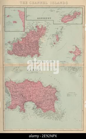 CHANNEL ISLANDS Alderney Guernsey Sark Jersey antique map by GW BACON 1883 Stock Photo