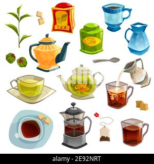 Icons set with kinds of tea brewing methods and accessories for tea isolated on white background vector illustration Stock Vector