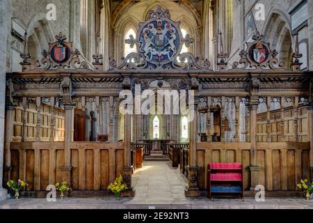 Dore Abbey interior, a former Cistercian abbey, now a parish church, Golden Valley, Herefordshire, UK; wooden screen from 1630 by John Abel Stock Photo
