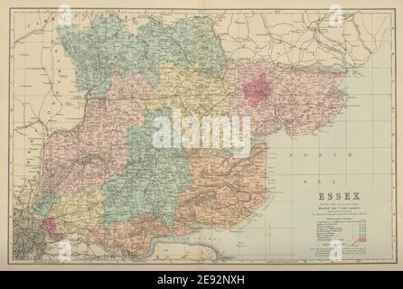 ESSEX antique county map by GW BACON 1891 old vintage plan chart Stock ...