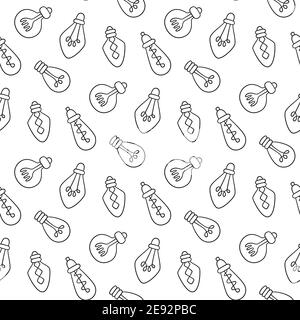 Hand drawn light bulbs seamless pattern. Different loft lamps in doodle style. Stock Vector