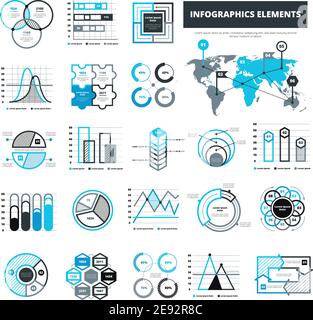 Different infographic elements for analytical or statistical presentation in black and blue color flat isolated vector illustration Stock Vector