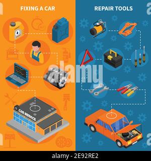 Car service isometric vertical banner set with  fixing car process and repair tools kit vector illustration Stock Vector